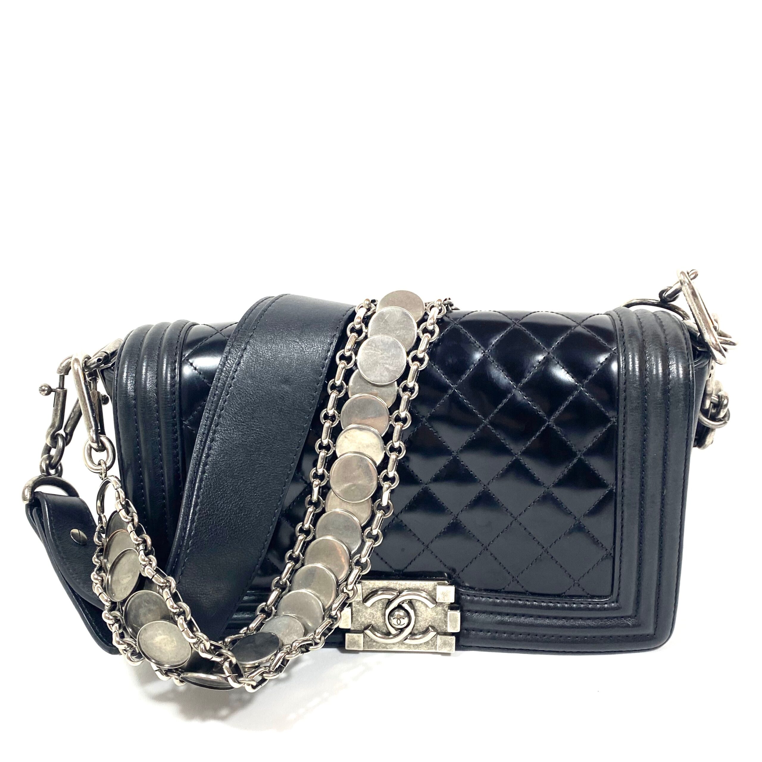 CHANEL MEDALLION OLD MEDIUM BLACK BOY BAG WITH BOTH CHAIN AND