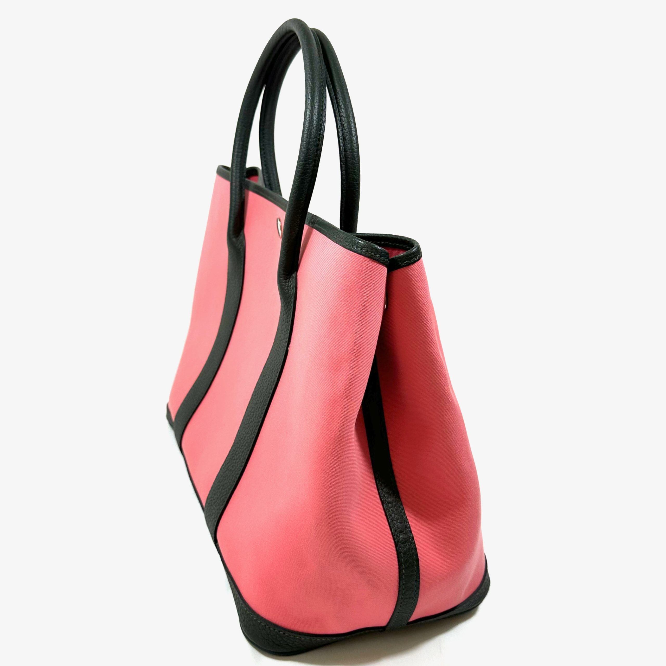 HERMÈS GARDEN PARTY 36 TOTE BAG IN PINK CANVAS & BLACK LEATHER