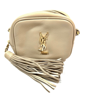 SAINT LAURENT SMALL MONO POUCH MONOGRAM TASSEL BAG IN NUDE LEATHER