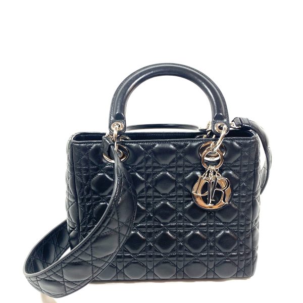 Dior lady dior medium handväska i svart cannage läder + 2 axelband