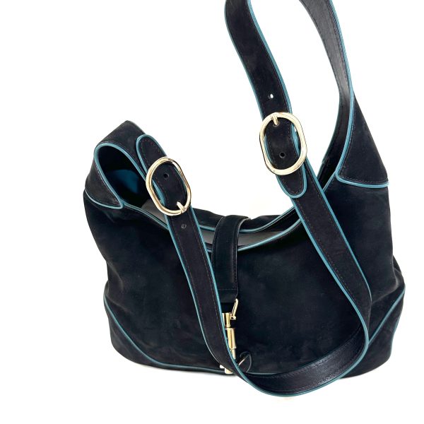 Gucci jackie 1961, 2 way shoulder and crossbody bag in black suede with turquoise trimmings - Image 5