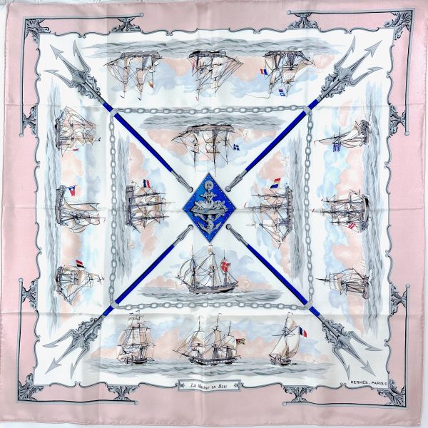 Hermès 90 rosa siden scarf 'la marine en bois'