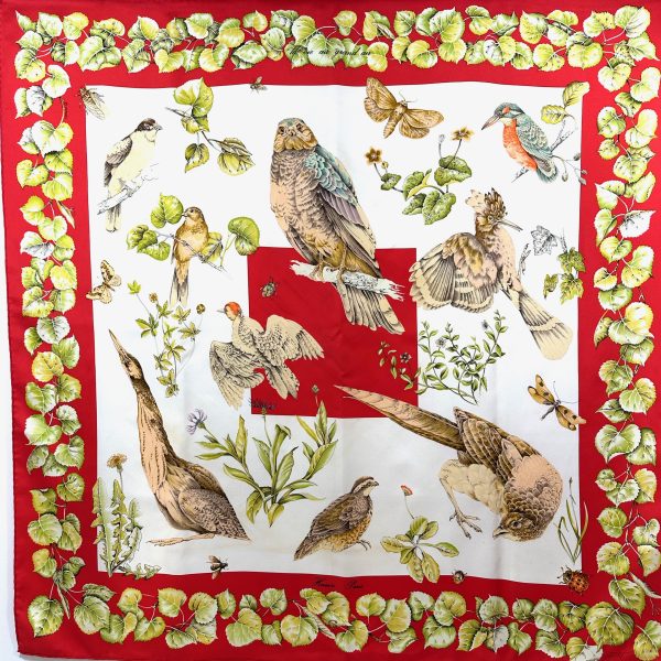 Hermès 90 röd / vit siden scarf 'la vie au grand air'