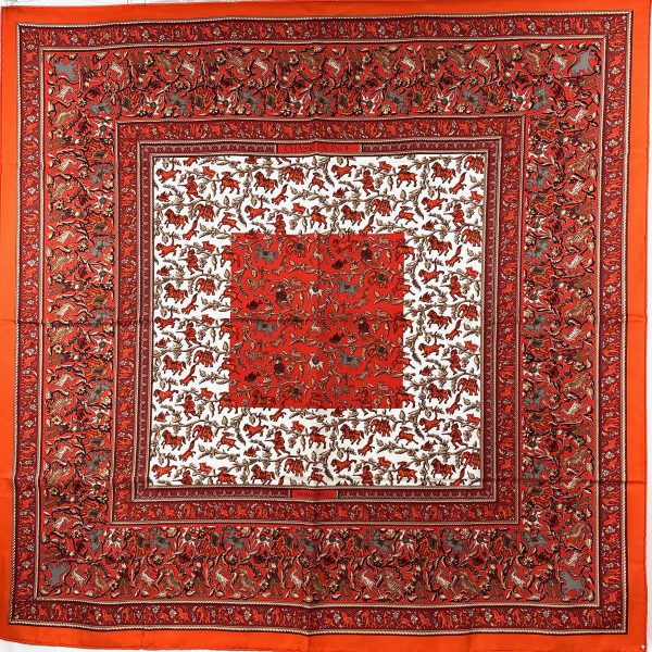 Hermès 90 orange / röd siden scarf 'chasse en inde'