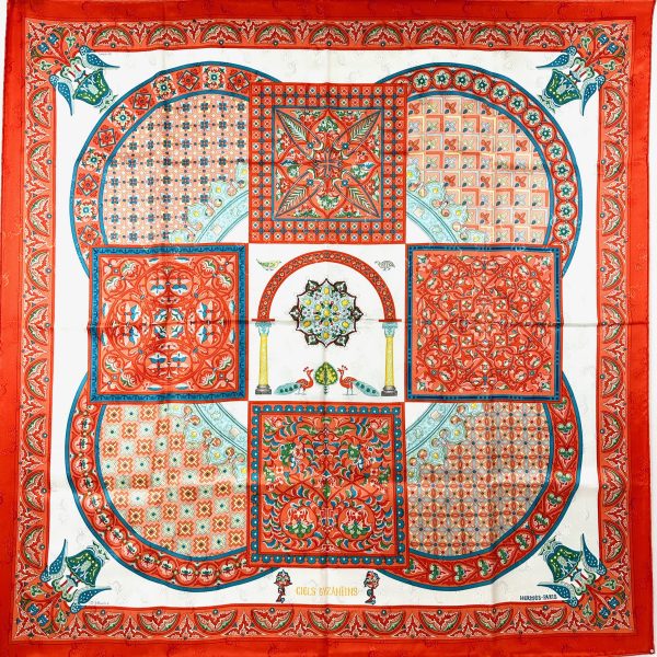 Hermès 90 orange / röd siden scarf 'ciels byzantins'