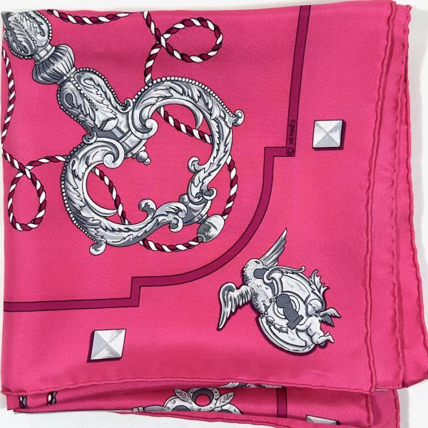 Hermès 90 fuchsia rosa siden scarf 'les clés' - Bild 8