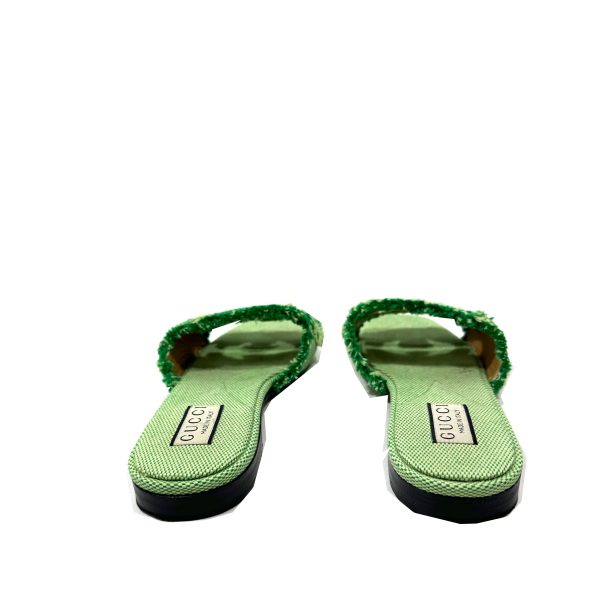 Gucci Slide Interlocking G Sandals in Green Textile with Fringes, Size 38 - Image 5