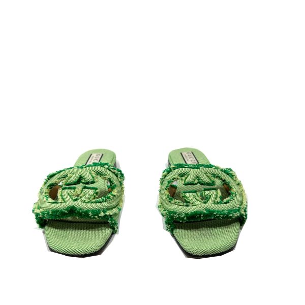 Gucci Slide Interlocking G Sandals in Green Textile with Fringes, Size 38 - Image 3