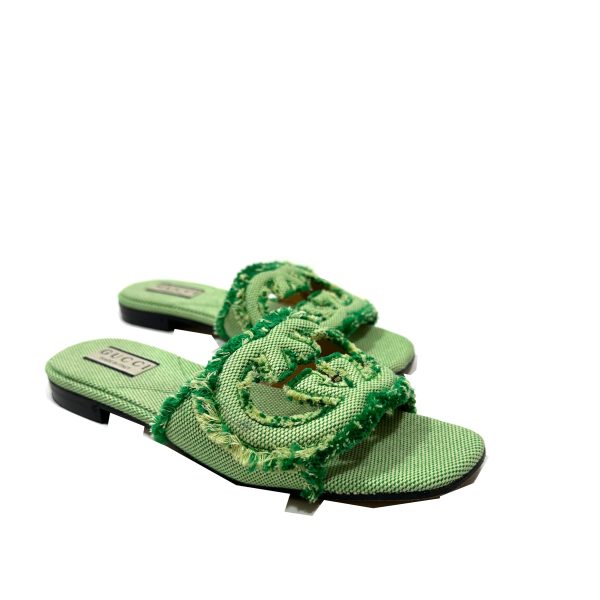 Gucci Slide Interlocking G Sandals in Green Textile with Fringes, Size 38 - Image 2