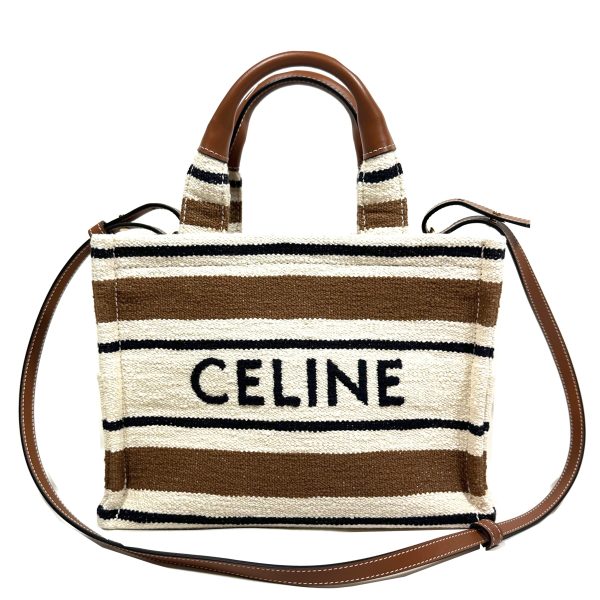 Celine Small Ecru Canvas ‘Cabas Thais’ Tote with Stripes and Leather Handles - Image 2