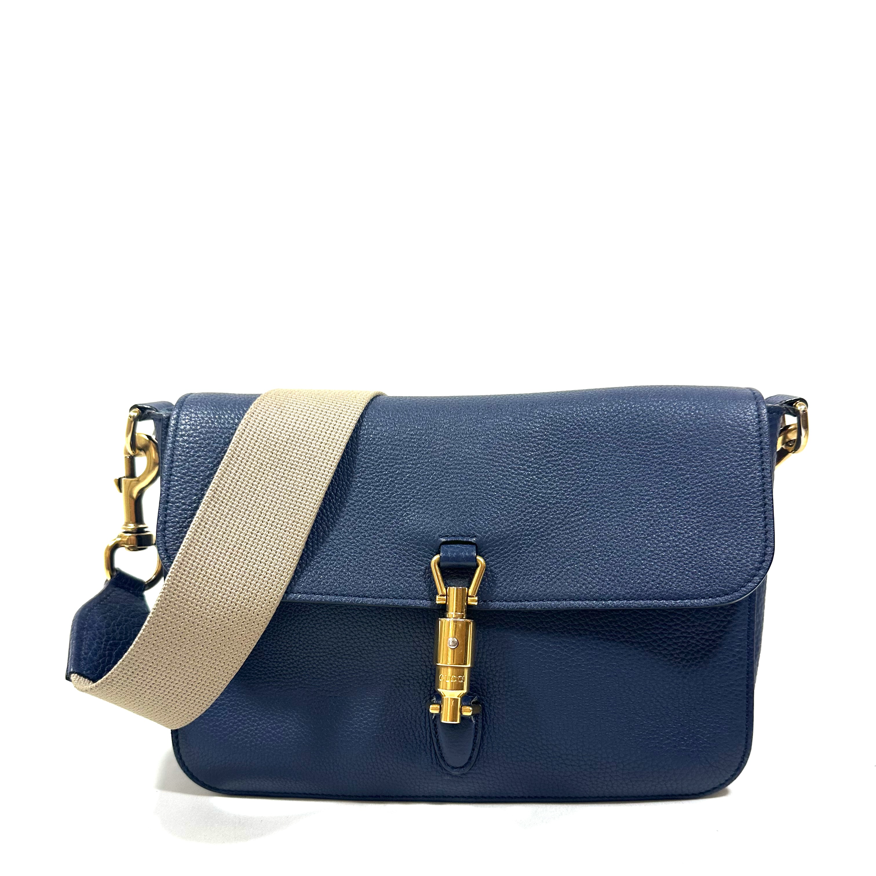 Gucci Flap Bag in Blue Grained Leather, Beige Textile Strap