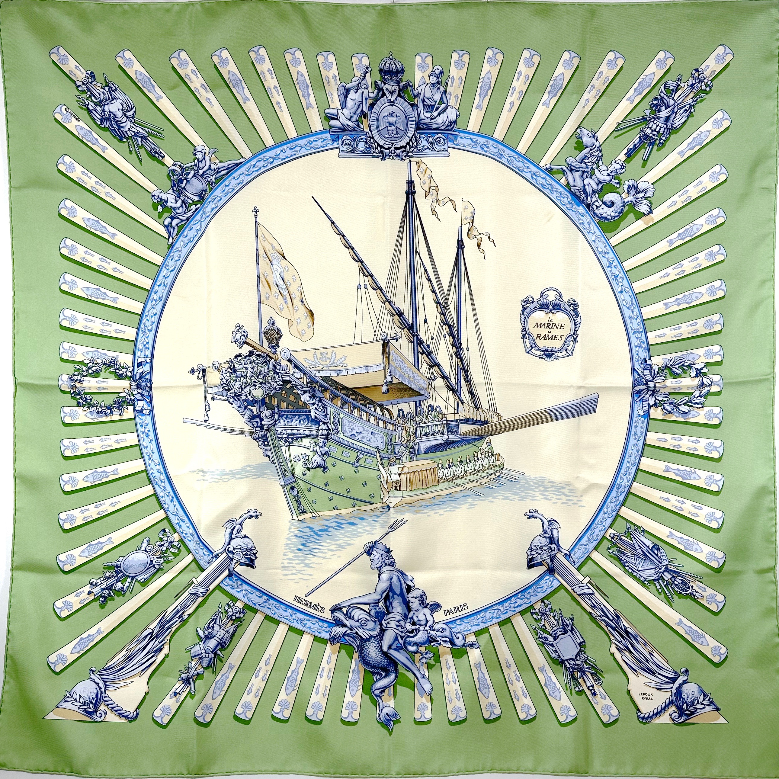 Hermès 90 Grön Silk Carré Scarf ‘La Marine à Rames’